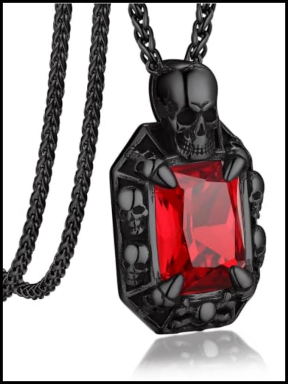 Stainless Steel Gothic Skull Pendant Necklace with Red Cubic Zirconia, Unisex
